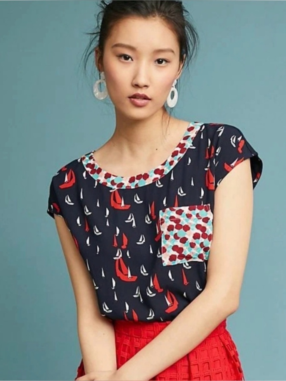 Porridge - Anthropologie Petlani Navy Sailboat Nautical Pocket Top - SMALL